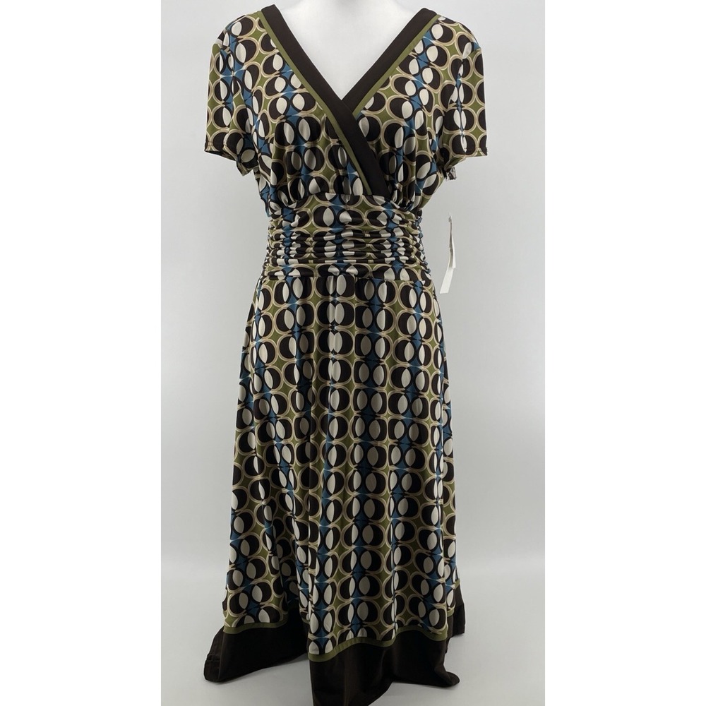 Studio1 Dress Women's 12/14* Groovy Retro Fit & Flare Stretch Green Blue Brown